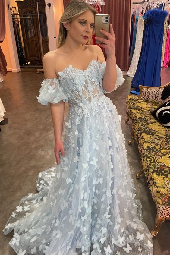 Light Blue Prom Dress 2024 Off the Shoulder Butterfly Tulle