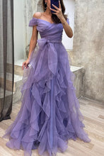 Load image into Gallery viewer, Purple Prom Dress 2024 Off the Shoulder Chiffon Ruffles