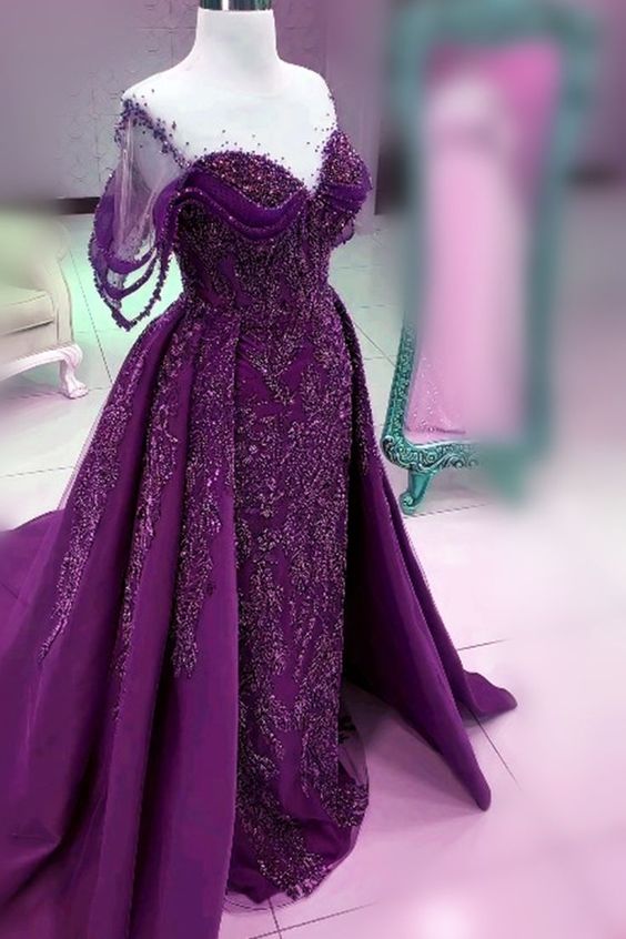 beaded purple prom dress Lavender Beaded A-Line Tulle Prom Dress with Off Shoulder, Lavender / 16 main image 0