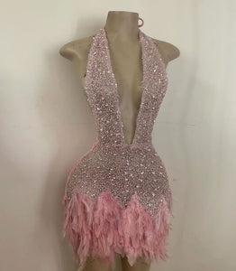 Pink Homecoming Dress 2023 Halter Neck Sexy Sequin with Feathers