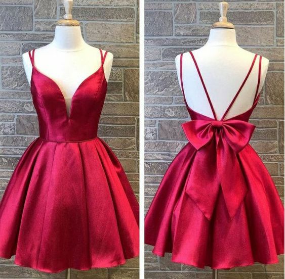Red Homecoming Dress 2023 Short Spaghetti Straps Satin with Bow(s)