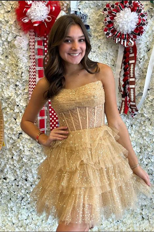 Cute Homecoming Dress 2023 Strapless Tulle Spatkly Tiered