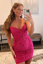 Load image into Gallery viewer, Hot Pink Homecoming Dress 2023 Short Tight Strapless Sequin Sparkly