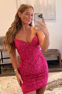 Hot Pink Homecoming Dress 2023 Short Tight Strapless Sequin Sparkly