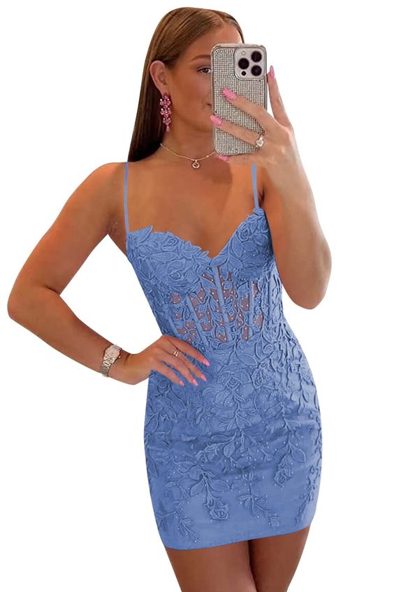 Short Homecoming Dress 2023 Sheath/Column Spaghetti Straps Corset Back with Appliques 22W / Custom Color Short Homecoming Dress 2023 Sheath/Column Spaghetti Straps Corset Back with Appliques 22W / Custom Color