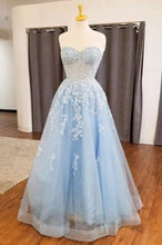 Load image into Gallery viewer, Blue Prom Dress 2024 Sweetheart Strapless Tulle Lace Appliques