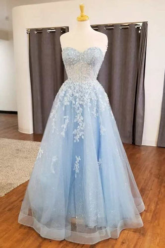 Blue Prom Dress 2024 Sweetheart Strapless Tulle Lace Appliques