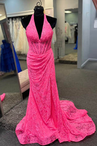 Hot Pink Prom Dress 2024 Halter Neck V Neck Lace Mermaid