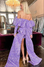Load image into Gallery viewer, Purple Homecoming Dress 2023 Off the Shouder Long Sleeves Sequin with Bow(s)