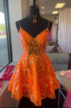 Load image into Gallery viewer, Orange Homecoming Dress 2023 Short Spaghetti Straps Sequin Sparkly