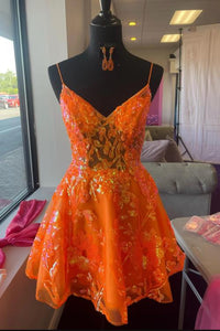 Orange Homecoming Dress 2023 Short Spaghetti Straps Sequin Sparkly