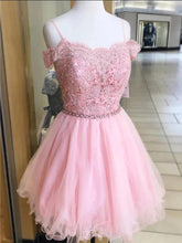 Load image into Gallery viewer, Cute Pink Homecoming Dress 2023 Short Spaghetti Straps Tulle with Sleeves