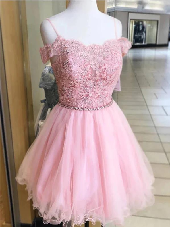 Cute Pink Homecoming Dress 2023 Short Spaghetti Straps Tulle with Sleeves