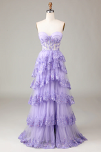 Load image into Gallery viewer, Pretty Prom Dress 2024 Lilac Strapless Tiered Tulle Sequined