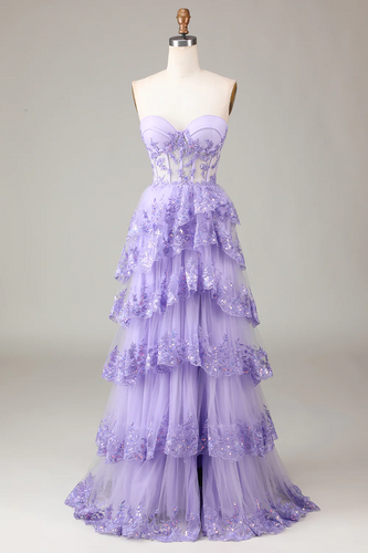 Pretty Prom Dress 2024 Lilac Strapless Tiered Tulle Sequined