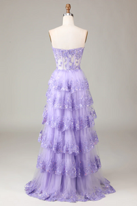 Pretty Prom Dress 2024 Lilac Strapless Tiered Tulle Sequined