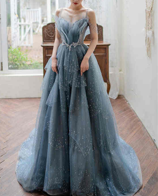 Fairy Dusty Blue Tulle Prom Dress Spaghetti Straps 26W / Custom Color Fairy Dusty Blue Tulle Prom Dress Spaghetti Straps 26W / Custom Color