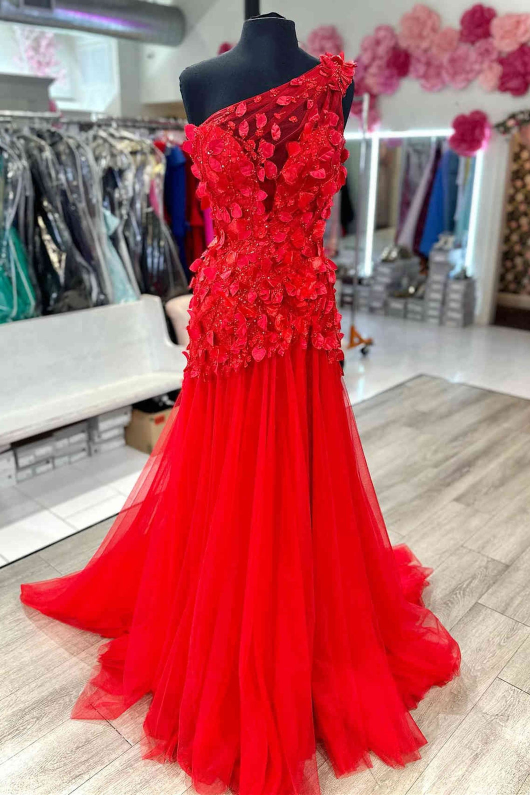 Red Prom Dress 2024 One-shoulder Tulle with Pleats