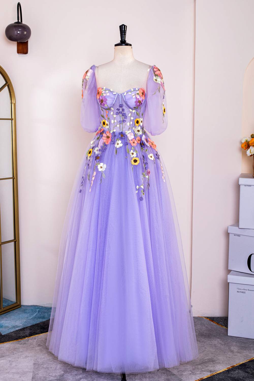 Lavender Prom Dress 2024 Floral Sweetheart Tulle with Sleeves 20W / Same as sample Lavender Prom Dress 2024 Floral Sweetheart Tulle with Sleeves 20W / Same as sample