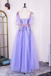 Lavender Prom Dress 2024 Floral Sweetheart Tulle with Sleeves