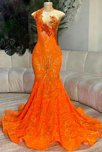 Load image into Gallery viewer, Orange Prom Dress 2024 Illusion Neck Sleeveless Sequin