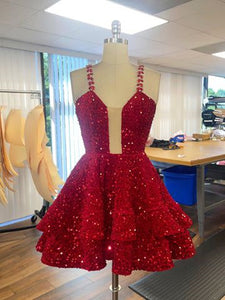 Sparkly Homecoming Dress 2023 Short Straps Sequin Tiered