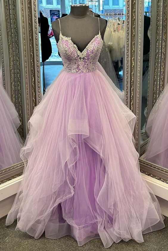 Purple Prom Dress 2024 Spaghetti Straps Lace Appliques Tulle Puffy