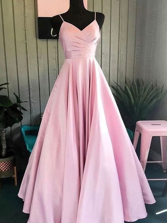 Pink Prom Dress 2024 Spaghetti Straps Satin with Pleats