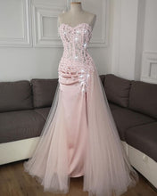 Load image into Gallery viewer, Pink Prom Dress 2024 V Neck Strapless Beaded Satin with Slit