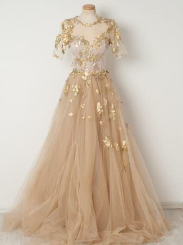 champagne prom dresses 2024 Elegant Champagne Lace Flower Prom Dresses 2024 Ball Gown Off-The-Shoulder Short Sleeve Backless Floor-Length / Long Formal Dresses