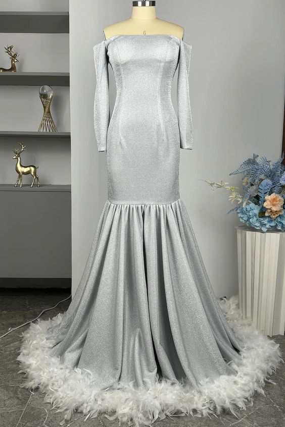 Silver Prom Dress 2024 Off the Shoulder Mermaid Long Sleeves 16W / Black
