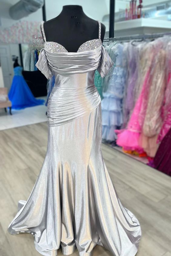 silver prom dresses 2024 Elegant Silver Prom Dresses 2024 Ball Gown Ruffle Off-The-Shoulder Sleeveless Bow Sash Backless Floor-Length / Long Prom Formal Dresses