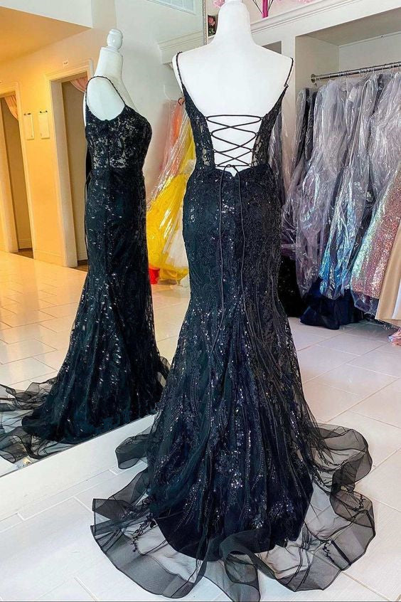 Black Prom Dress 2024 Spaghetti Straps Mermaid Corset Back