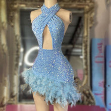 Load image into Gallery viewer, Blue Homecoming Dress 2023 Halter Neck Sexy Sequin with Feathers Sparkly