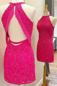 Hot Pink Homecoming Dress 2023 Short Halter Neck Sequined