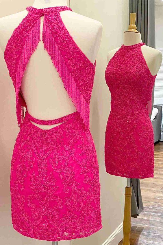 Hot Pink Homecoming Dress 2023 Short Halter Neck Sequined 14 / Custom Color