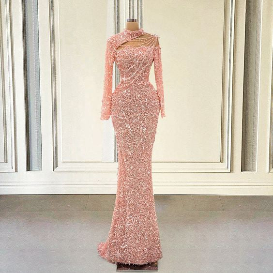Pink Prom Dress 2024 High Neck Sequin with Long Sleeves 10 / Blue