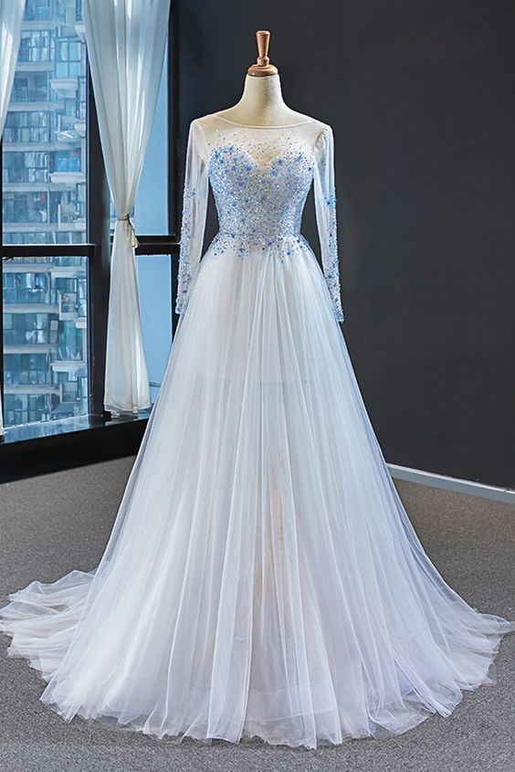Light Blue Prom Dress 2024 Illusion Neck Beaded with Long Sleeves –  AnnaCustomDress