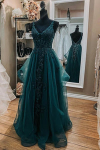 Dark Green Prom Dress 2024 V Neck Tulle Lace Appliques