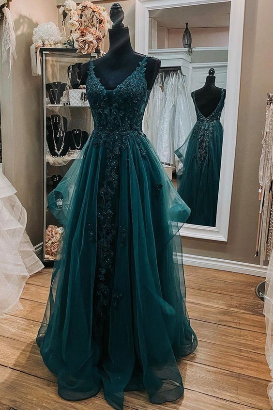 Dark Green Prom Dress 2024 V Neck Tulle Lace Appliques AnnaCustomDress