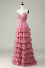 Load image into Gallery viewer, Pink Prom Dress 2024 Spaghetti Straps Tulle Tiered Corset Back