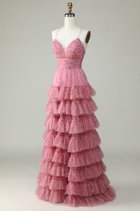 Pink Prom Dress 2024 Spaghetti Straps Tulle Tiered Corset Back