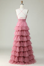 Load image into Gallery viewer, Pink Prom Dress 2024 Spaghetti Straps Tulle Tiered Corset Back