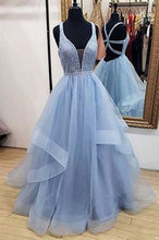Load image into Gallery viewer, Blue Prom Dress 2024 Plunging Neck Sleeveless Tulle Beaded