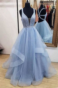 Blue Prom Dress 2024 Plunging Neck Sleeveless Tulle Beaded