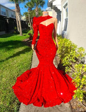 Load image into Gallery viewer, Red Prom Dress 2024 One-shoulder Sequin Long Sleeve