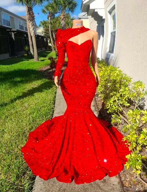 Red Prom Dress 2024 One-Shoulder Sequin Long Sleeve 10 / Green Red Prom Dress 2024 One-Shoulder Sequin Long Sleeve 10 / Green