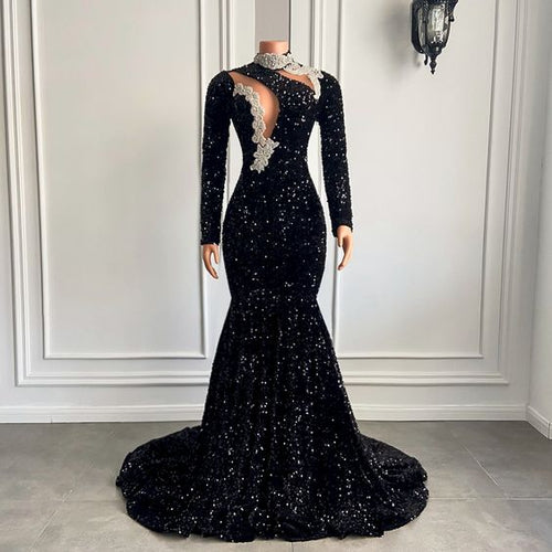Black Prom Dress 2024 High Neck Sequin Long Sleeves