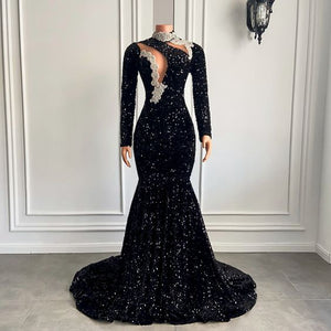 Black Prom Dress 2024 High Neck Sequin Long Sleeves 6 / Blue Black Prom Dress 2024 High Neck Sequin Long Sleeves 6 / Blue