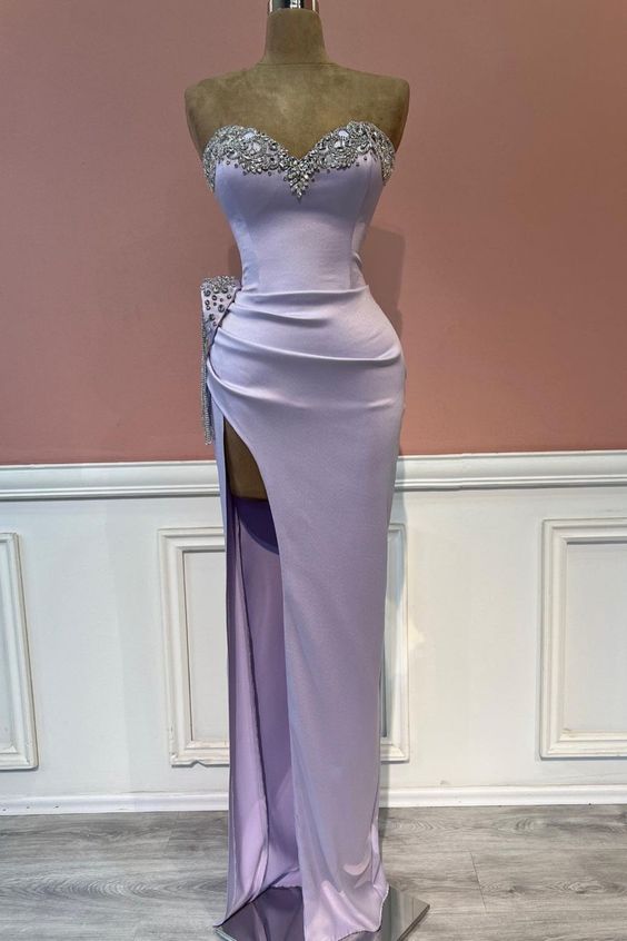 Lavender Prom Dress 2024 Sweetheart Beaded Satin with Slit 10 / Same as sample